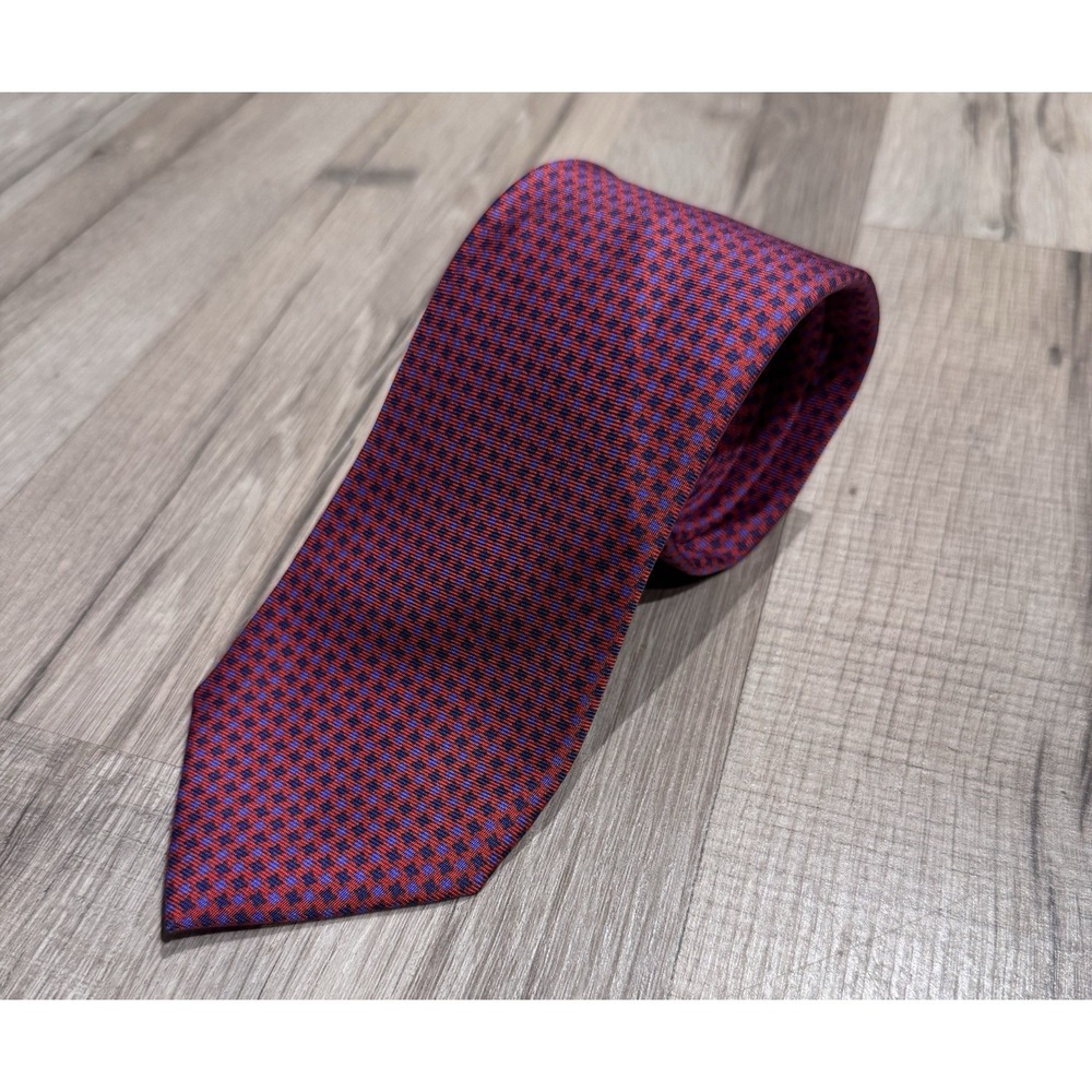 Peter Millar Men's 100% Silk Tie Red Blue Geometric Pattern Made in Italy